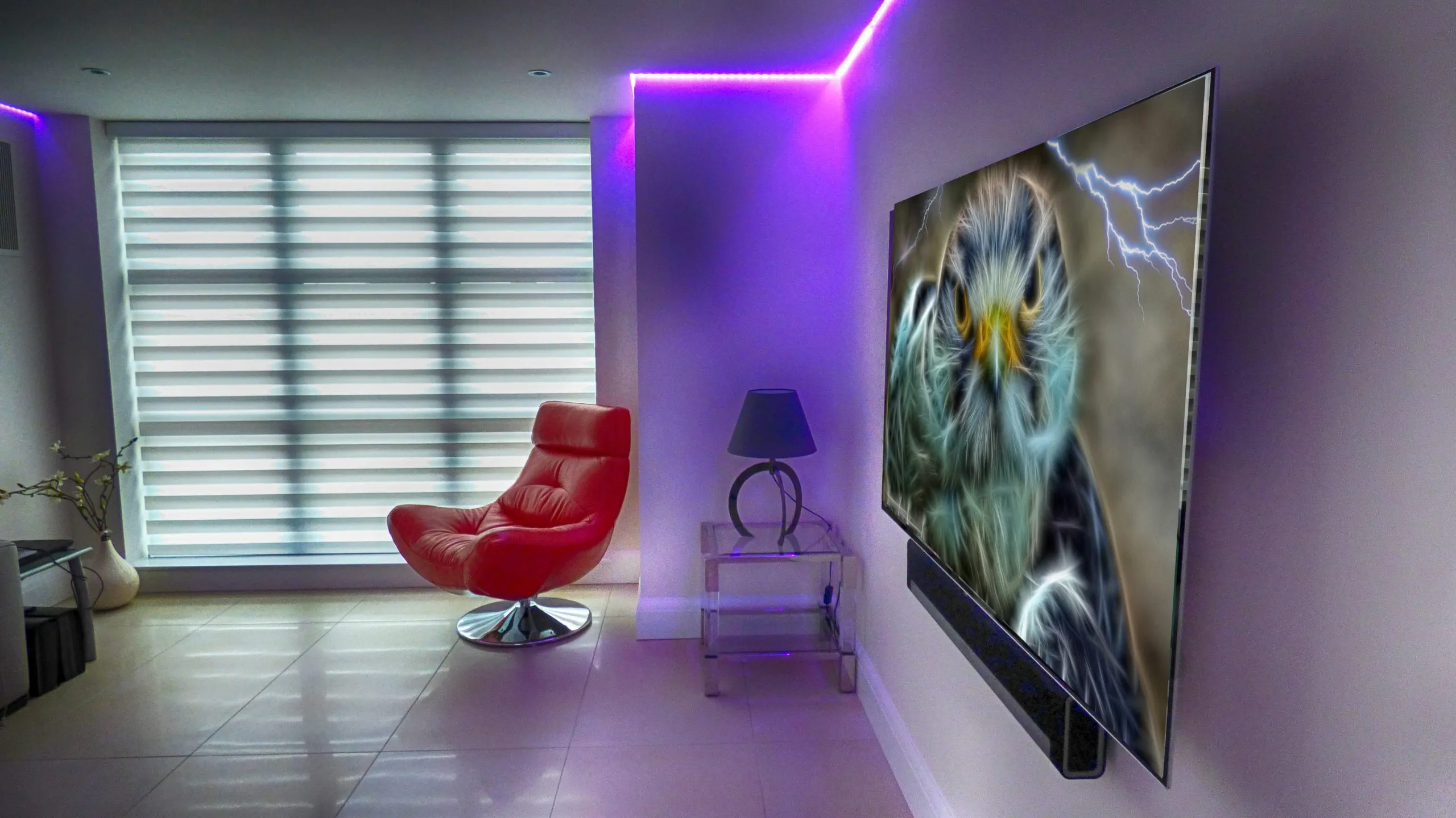 Smart home with large screen and purple inbuilt lights